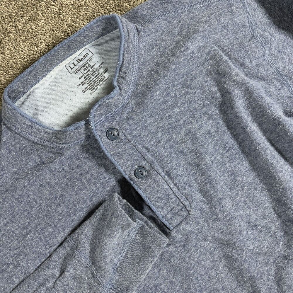 LL Bean River Drivers Shirt Large Traditional Fit Wool Blend Henley Blue/Gray